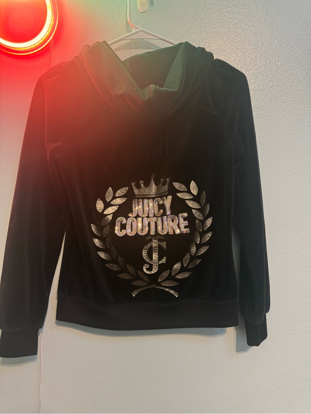 Juicy Couture Black Velour Zip Hoodie with Gold JC Pull